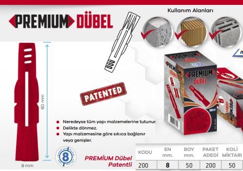PREMİUM DÜBEL 8MM 200LÜ
