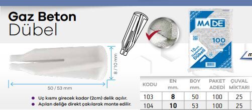 GAZ BETON DÜBEL 8MM 100LÜ